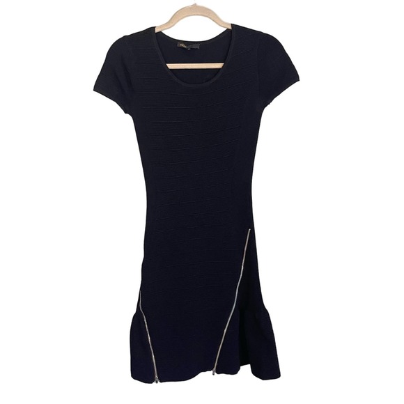 MAJE Dress XS Stretch Rib Bodycon Zipper Slit Peplum Short Sleeves Mini Black - Picture 1 of 10